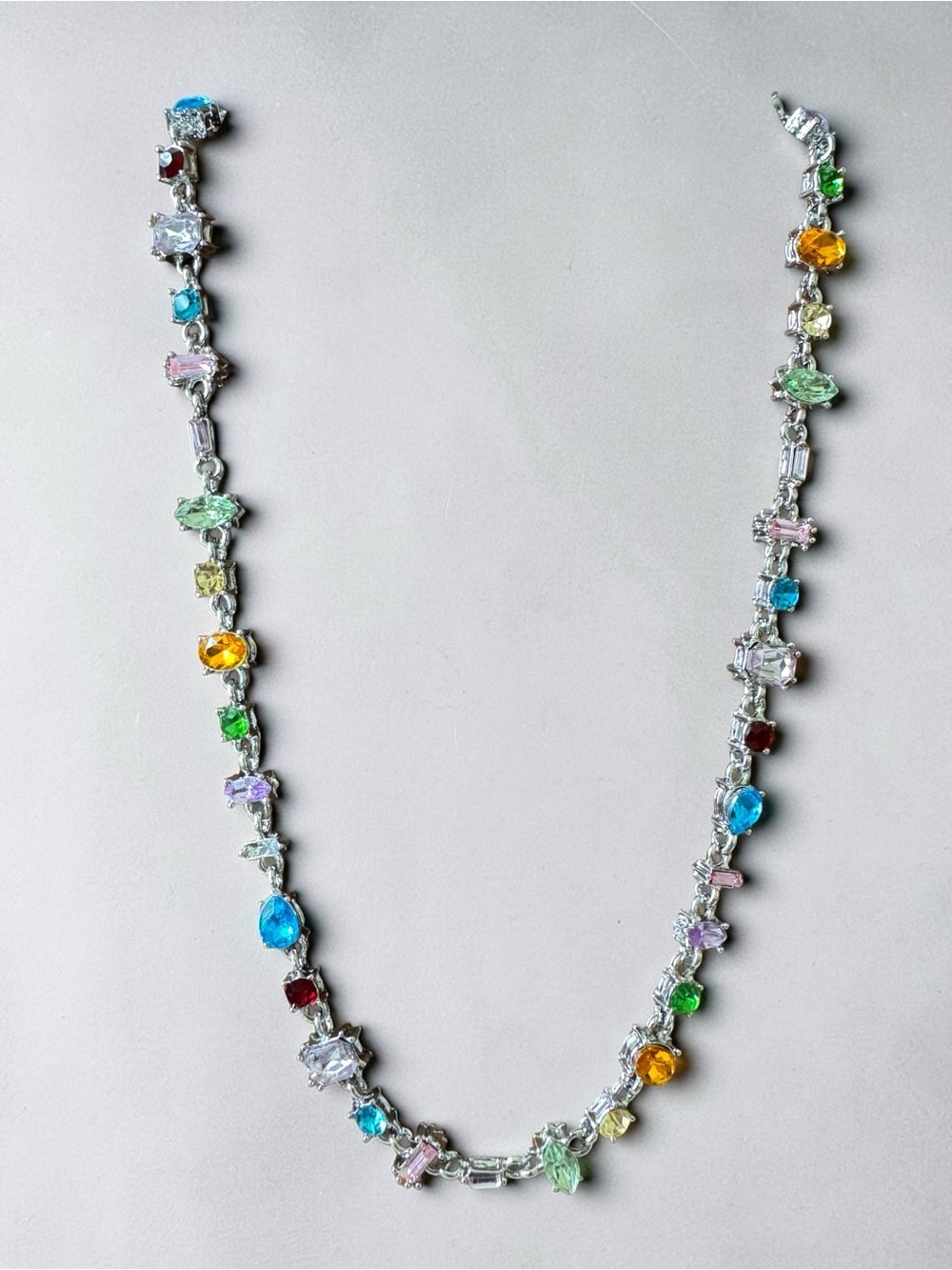 Multicolor Crystal Link Necklace - Silver Chain